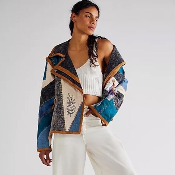 We The Free by Free People Leia Denim Patched Moto Jacket - Picture 1 of 12